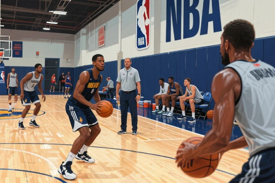 一幅NBA球队训练场景,球员们奋力训练、教练在场边指导,气氛紧张又充满斗志
