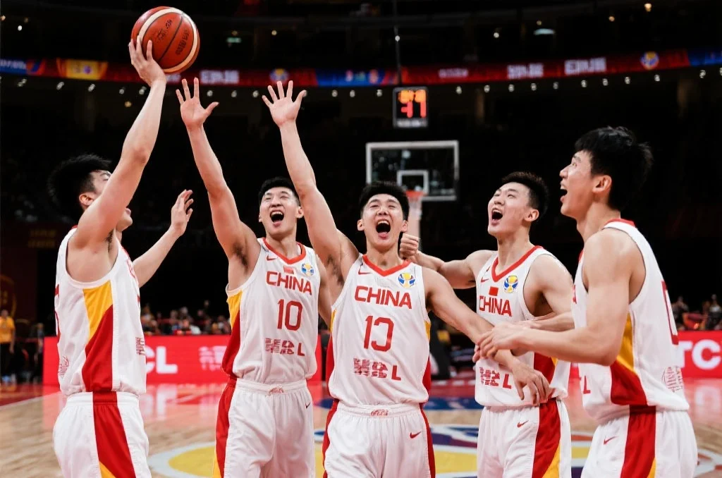 五名中国篮球运动员在赛场上激情庆祝进球，充满团队凝聚力和竞技氛围